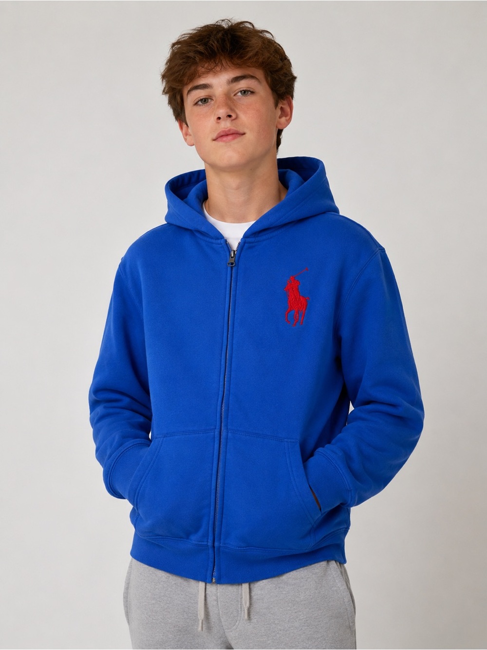 Polo Ralph Lauren Size 14-16 Boys Blue Red Hoodie Long Sleeve Large Polo Logo